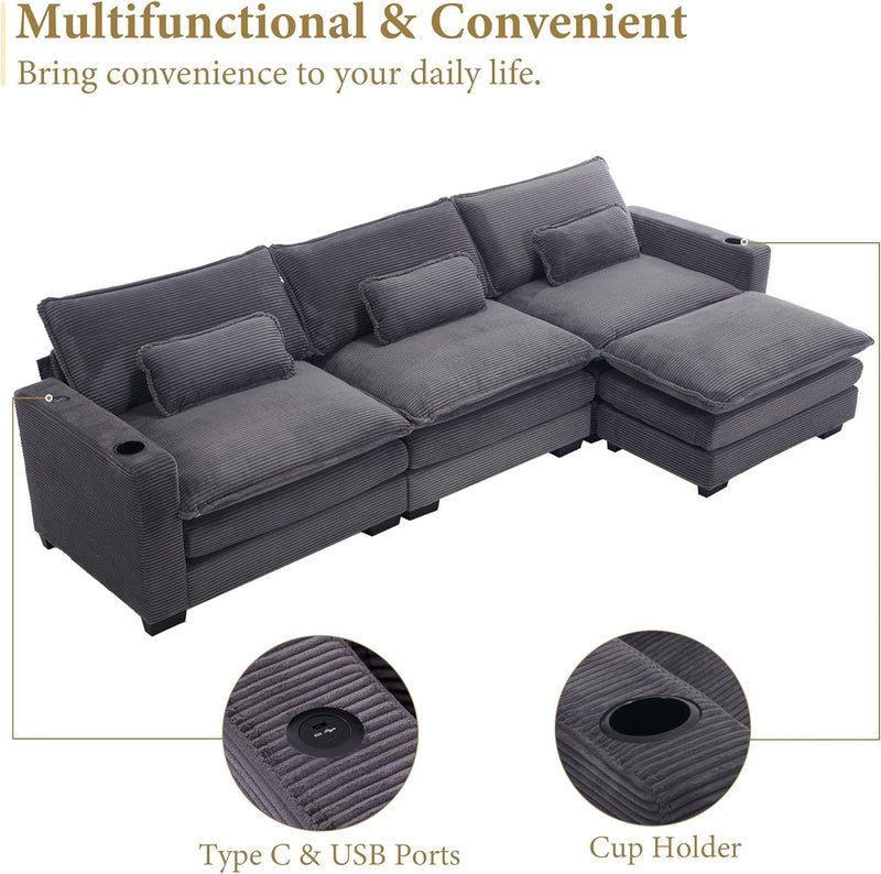 117.7" L Shaped Sectional Sofa with Cup Holders & USB Ports, Modern 3 Seat Cloud Couch with Double Cushions & Ottoman for Living Room, Apartment, Grey Corduroy
