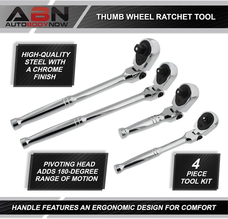 ABN 4-Piece Flex Head Ratchet Set - 1/4 1/2 and 3/8In Drive 72-Tooth Quick Release Reversible Premium Chrome Vanadium Steel Construction & Chrome Plated Finish Design with 5 Degrees of Swing