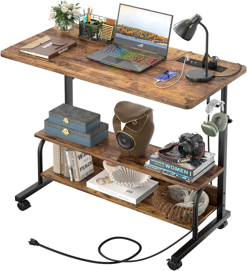 32" Height Adjustable Standing Desk with Power Outlets - Manual Rolling Stand up Desk with Wheels Small Portable Computer Desk Mobile Laptop Table with Storage Shelves for Home Office, Rustic
