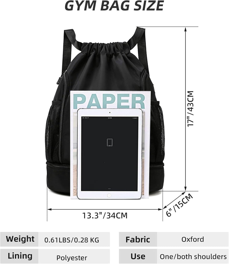 Drawstring Backpack Bag Beach Sports Yoga Gym Bag with Side Mesh Pockets, Basketball Bag with Shoes Compartment for Women Men