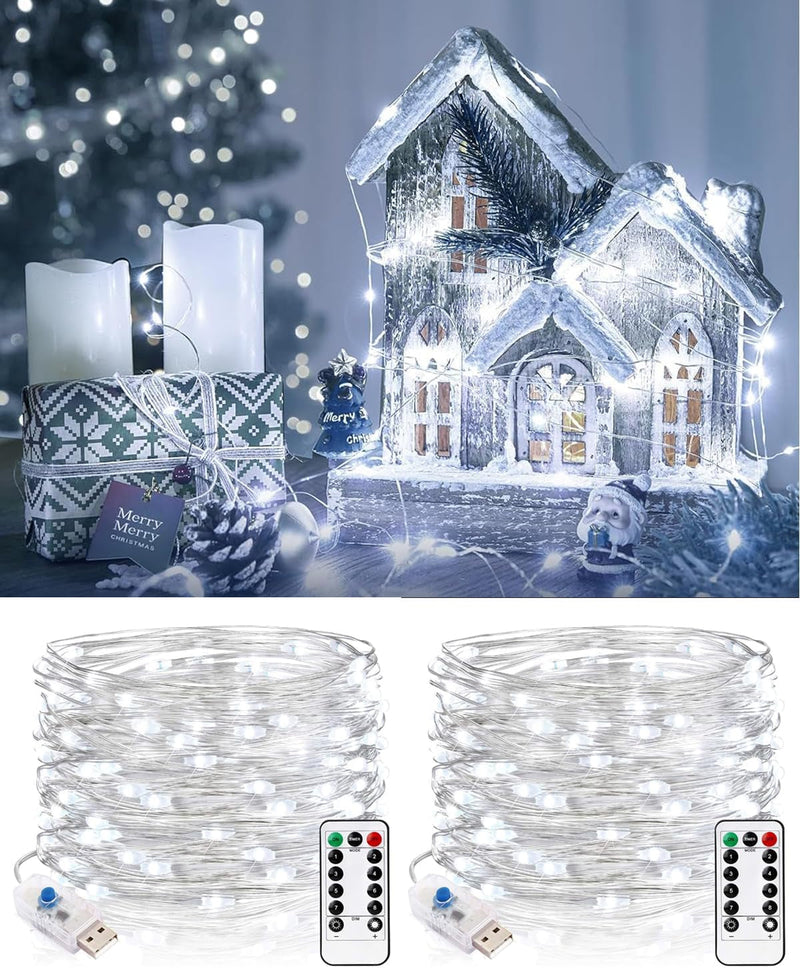 2 Pack USB Fairy Lights Plug in [Each 66 Ft 200 LED] Twinkle String Lights with Remote and Timer 8 Modes Copper Wire Mini Starry Lights for DIY Christmas Wedding Party Bedroom Decorations, Warm White