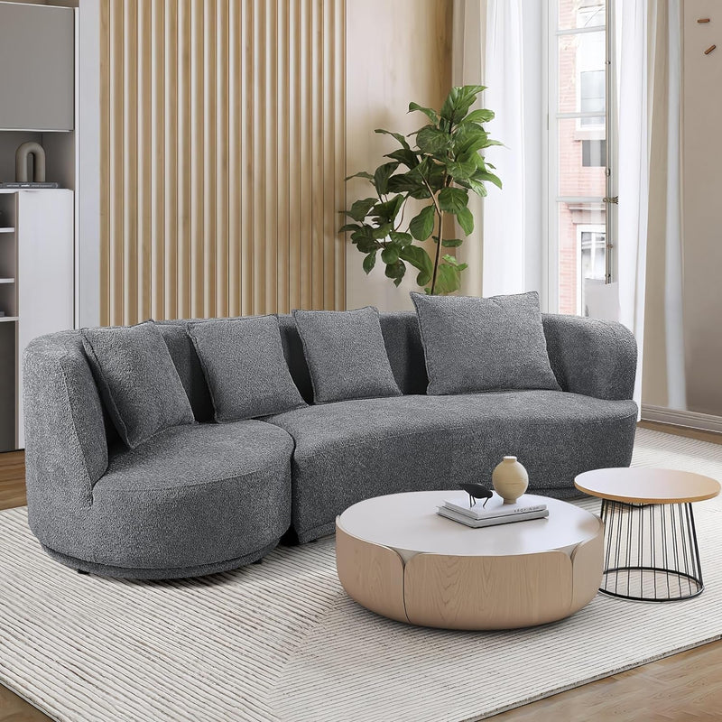 110" Cloud Curved Sofa for Living Room Mid-Century Sofa with 360 Degree Swivel Chair 4 Throw Pillows Comfy Boucle Couch, Luxury 5-Seat Leisure Deap Seat Sectional Sofá Yellow