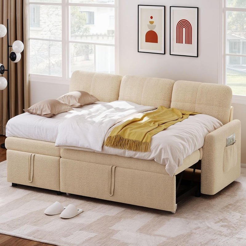 DWVO Convertible L-Shaped Sofa Bed, 2 in 1 Sleeper Sofa with Pull Out Couch Bed, 86" Sectional Sofa with Storage Chaise and Pocket for Living Room, Beige Teddy Fleece