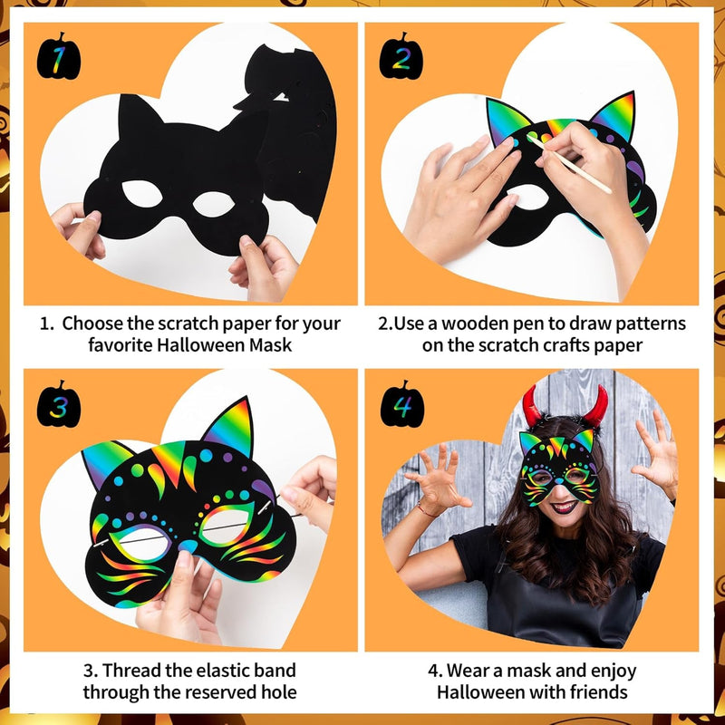 36 Pieces Halloween Scratch Art Masks for Kids, DIY Rainbow Magic Scratch Paper Masks for Crafts, Bat Witch Pumpkin Spider Pirate Skull Scratch Mask Crafts for Halloween Party Supplies