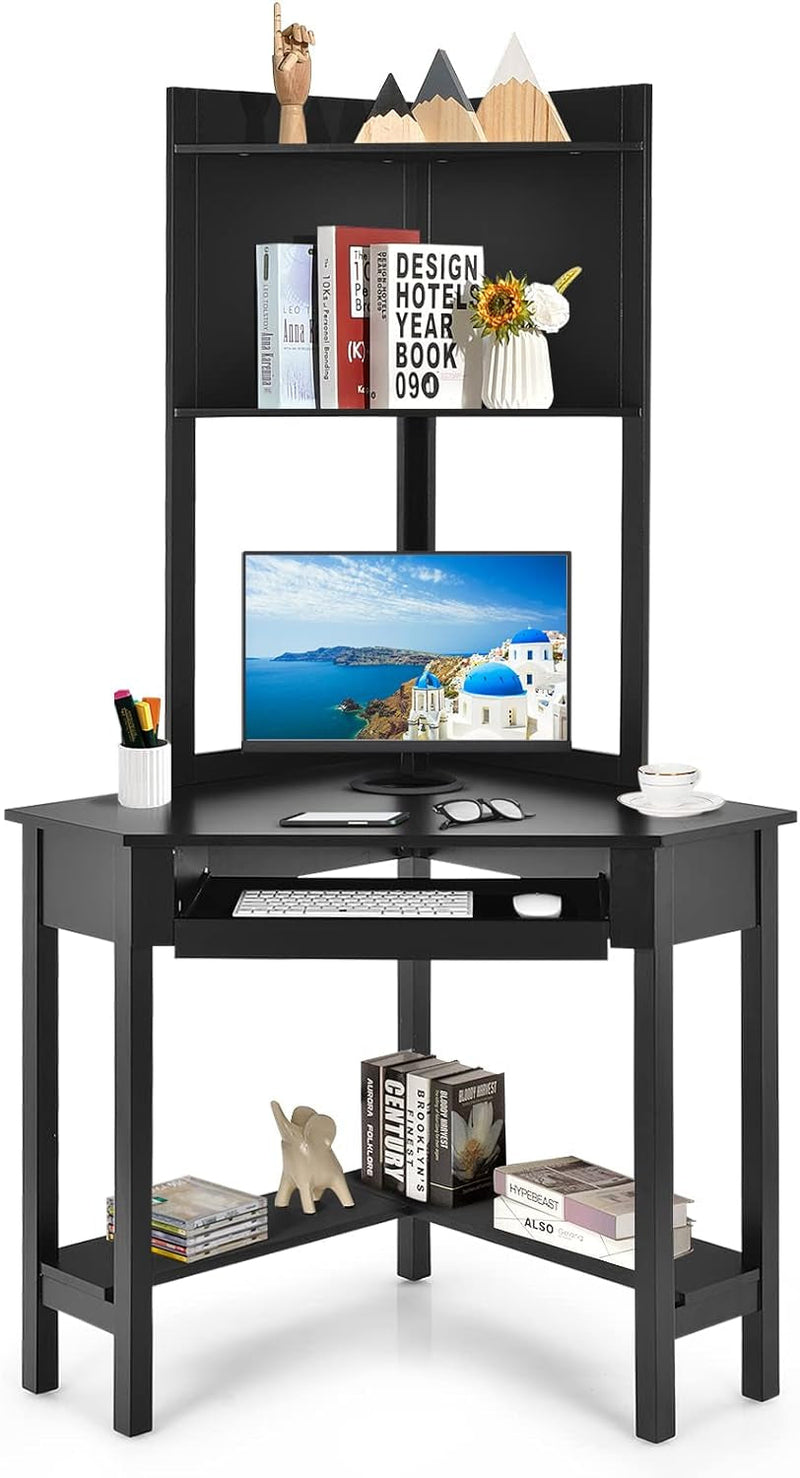 COSTWAY Corner Desk with Hutch, Compact Corner Computer Desk, Study and Writing Table with Keyboard Tray & Bottom Shelves, Space-Saving Laptop PC Desk for Small Space, Home, Bedroom, Apartment (Black)