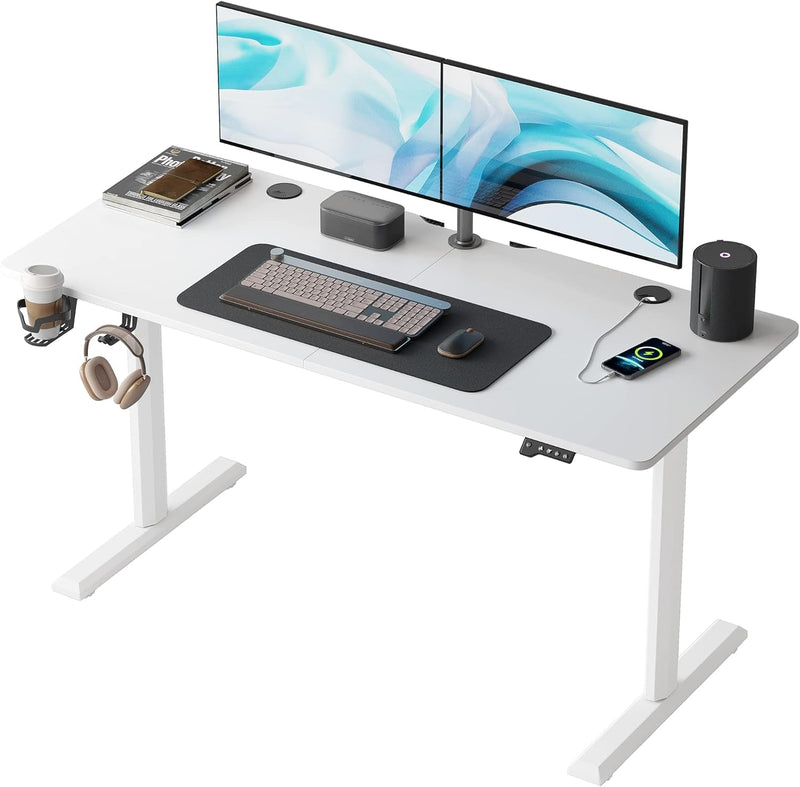 Cubicubi Height Adjustable Electric Standing Desk, 55 X 24 Inches Stand up Table, Sit Stand Home Office Desk with Splice Board, White Frame/White Top