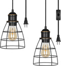 DEWENWILS Plug in Pendant Light, Black Farmhouse Cage Pendant Light Fixtures with 15FT Cord, Hanging Lights for Bedroom, Kitchen Island, Dining Hall, E26 Base Socket, 2 Pack, UL Listed