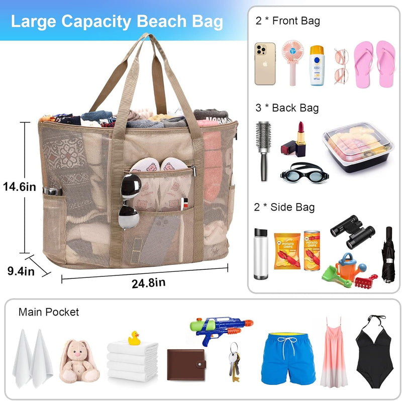 Eslcorri Mesh Beach Tote - Extra Large Beach Bag with 11 Pockets Foldable Tote Bag Women Oversized Pool Bag Travel Essentials