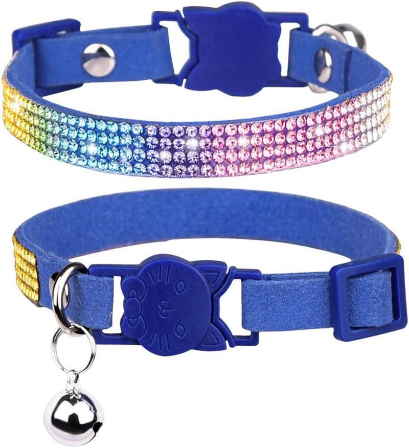 Blue Fancy Kitten Collar with Bells, 2-Pack Breakaway Cat Collars with Rhinestone, Pretty Sparkly Bling Diamond Girl Puppy Collar for XXS XS Tiny Female Dogs, Xxsmall