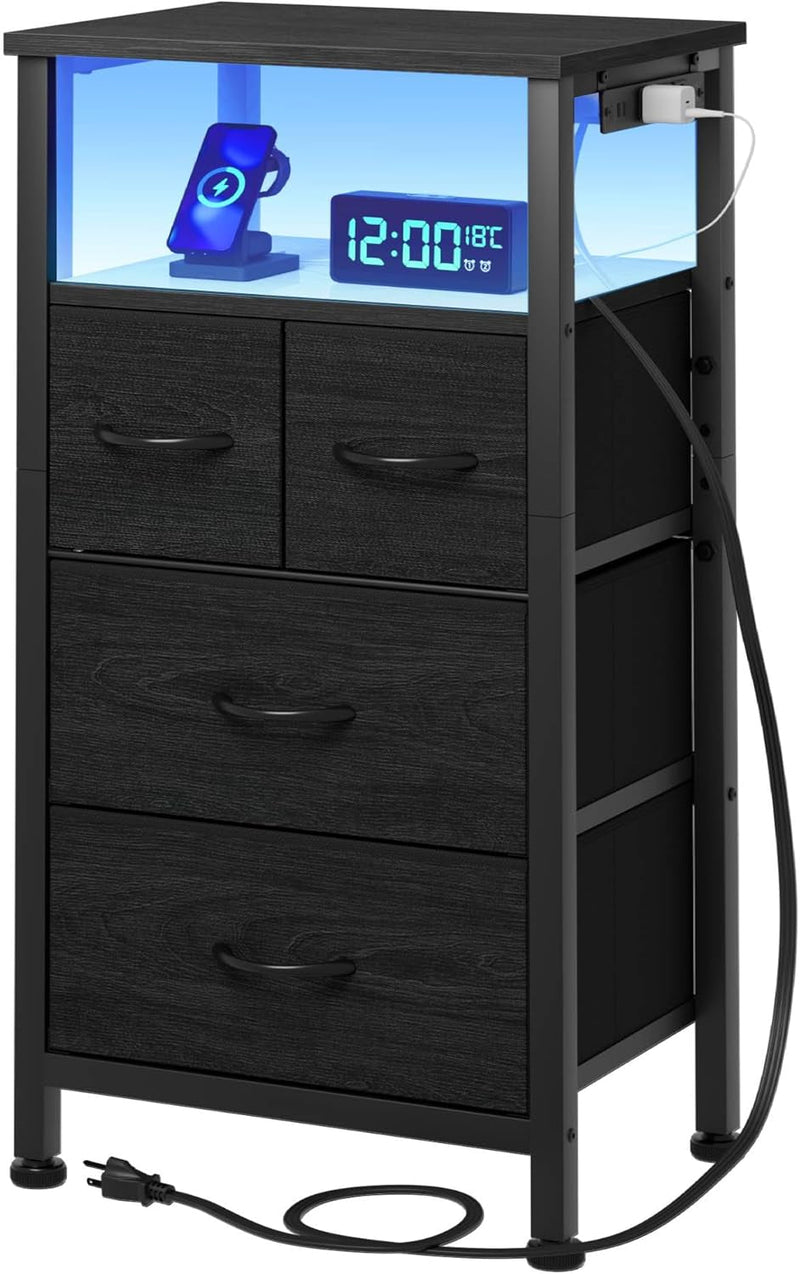 Furnulem Tall LED Dresser with Charging Station, Vertical Storage Tower Unit with Wood Shelf, 5 Drawer Nightstand for Bedroom, Living Room, Hallway, Fabric Bins, Bedside Table Furniture(Rustic Brown)