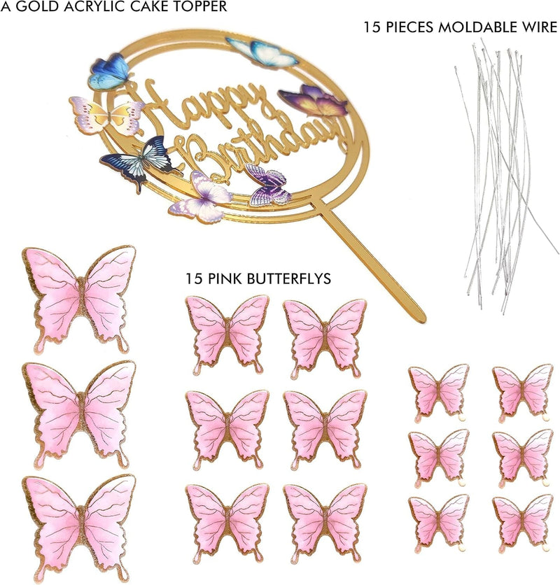 Butterfly Cake Toppers Decorations - 1 Big Happy Birthday Cake Topper & 15Pcs 3D Pink Gold Cupcake Toppers - Party Supplies for Decorating Baby Shower Girl'S Birthday