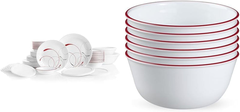 Corelle Vitrelle 78-Piece Service for 12 Dinnerware Set, Triple Layer Glass and Chip Resistant, Lightweight round Plates and Bowls Set, Splendor & Glass 28Oz Red Band Bowl 6Pk