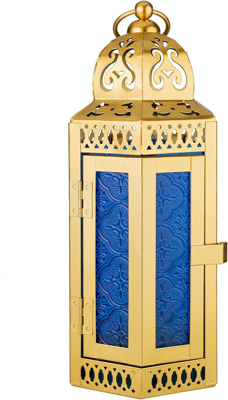Black Decorative Metal Candle Lantern, Moroccan Style Hanging Lantern, Metal Tabletop Lantern Decor, Candle Holders for Outdoor Patio Medium Size (Gold Blue)