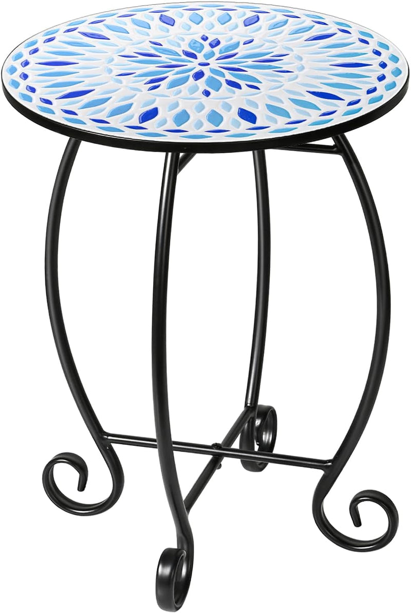 14" Outdoor Side Table, Scrollwork Accent round End Table, Unique Relief Ceramic Tile Tabletop with Metal Frame, Coffee Tea Table Nightstand for Living Room, Bedroom