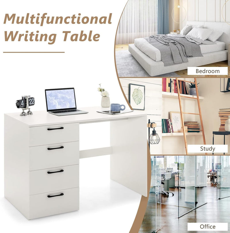 COSTWAY White Computer Desk with 4 Large Drawers, Home Office PC Desk Workstation for Writing, Modern Computer Table for Bedroom, Study, Living Room