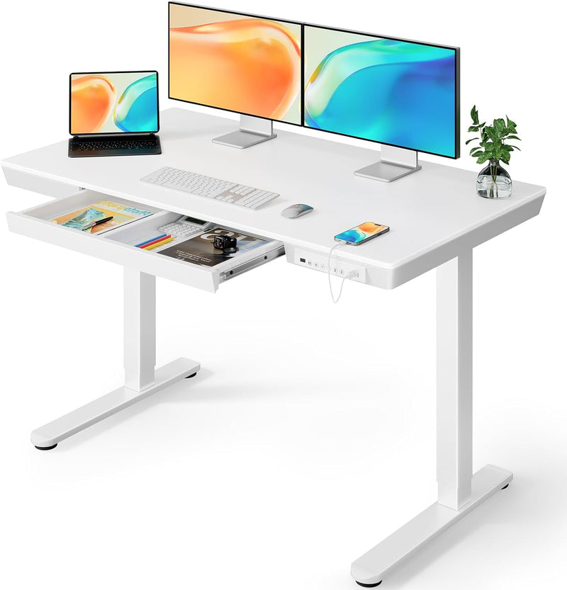 Ergear Glass Standing Desk with Drawer, 48 X 24 Inch Glass Top Standing Desk with Preassembled Top & USB Charging Ports, Adjustable Sit Stand Desk for Home & Office(White Glass)