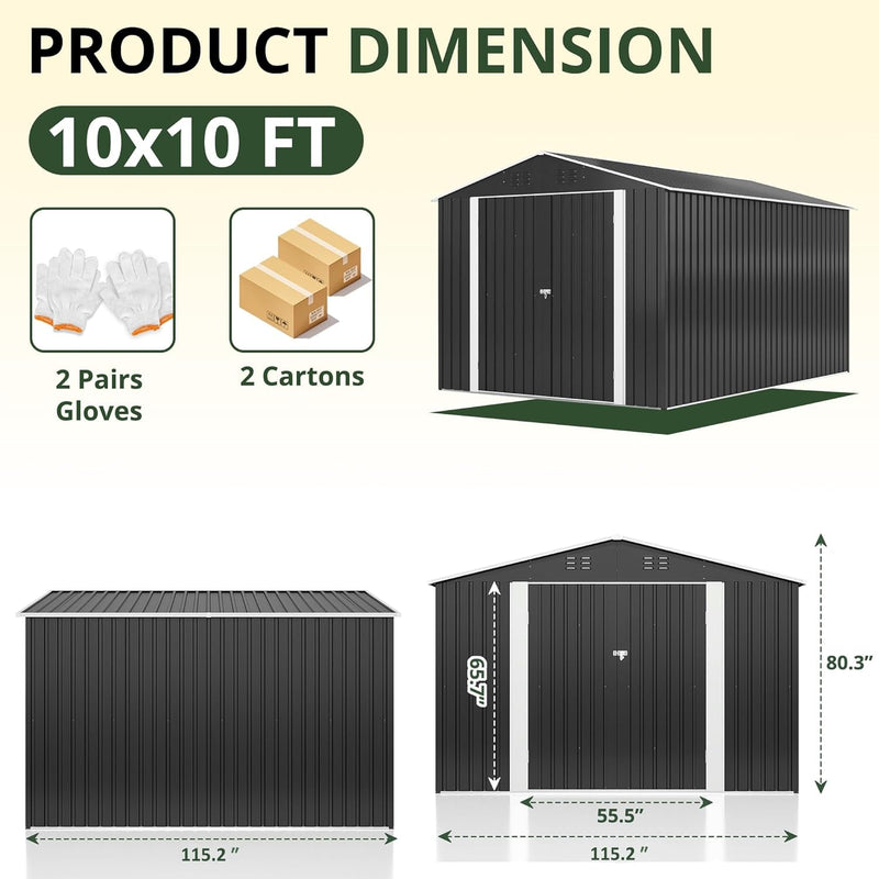 10X10 FT Outdoor Storage Shed, Garden Shed with Updated Frame Structure and Lockable Doors, Metal Tool Sheds for Backyard Garden Patio Lawn, Grey