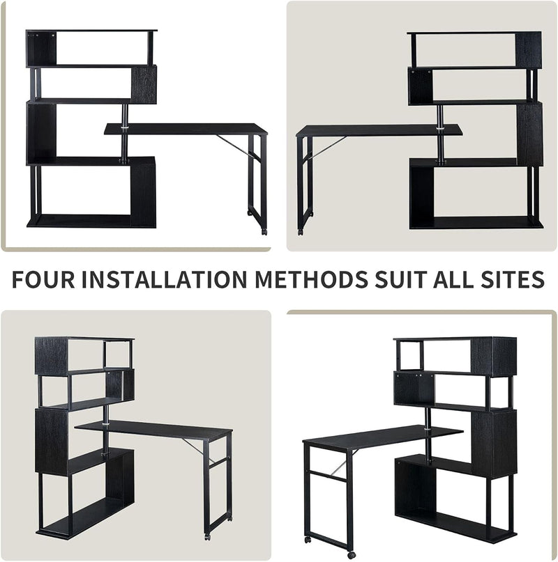 Home Office Desk, L-Shaped Rotating Corner Computer Table with Bookcase Display