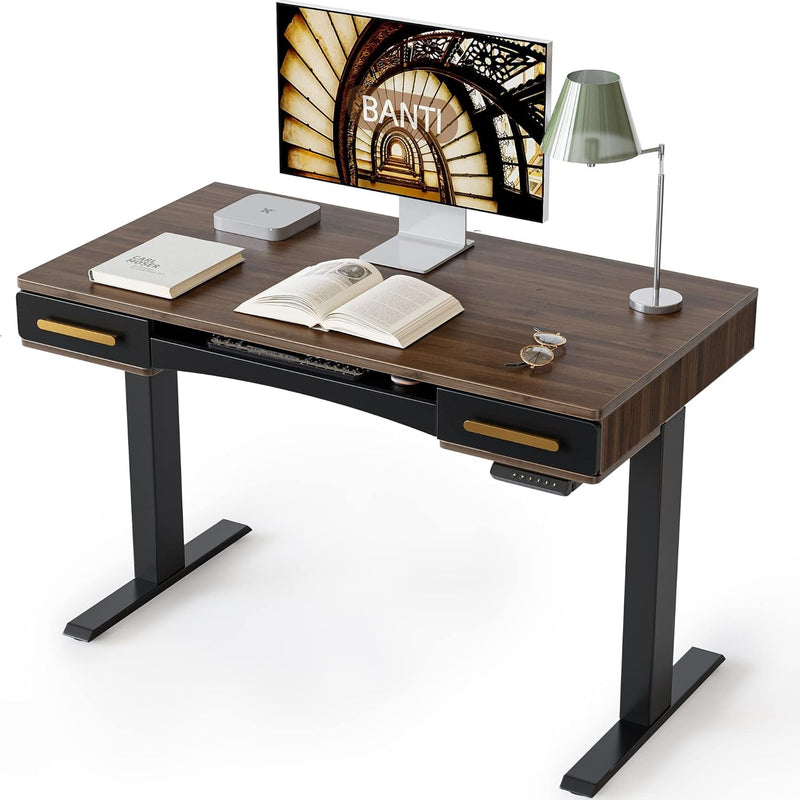 BANTI 48" X 26" Electric Standing Desk, Mid-Century Modern Desk with 3 Drawers, Stand up Home Office Desks, Vintage Top