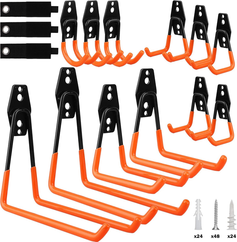 15-Piece Garage Hook Wall Storage Tool, Steel Heavy Duty Bike Hooks, Anti-Slip Utility Hook Hanger, Garden Organizer Wall Mount Assortment, Wood, Brick, Concrete Wall (Orange)