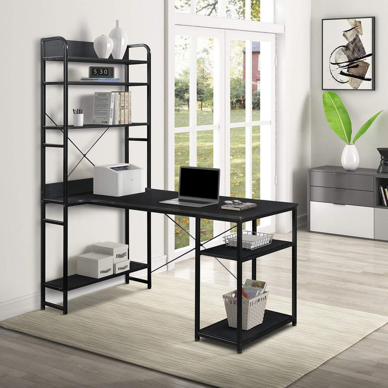 DANGRUUT Modern Industrial Home Office Computer Desk with 5 Tier Storage Shelves, 54 Inch Study Writing Table PC Workstation with Bookshelves & Metal Frame & Wood & Adjustable Foot Pads (Black)