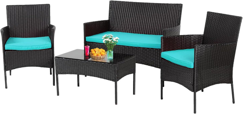 4 Pieces Patio Furniture Set Rattan outside Furniture Wicker Sofa Garden Conversation Sets with Soft Cushion and Glass Table for Yard Pool or Backyard,Black