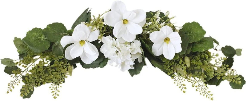 29.5 Inch Artificial White Magnolia Flower Swag with Green Leaves Silk Magnolia Flower Garland Wreath for Wedding Arch Chair Back Front Door Wall Home Decor