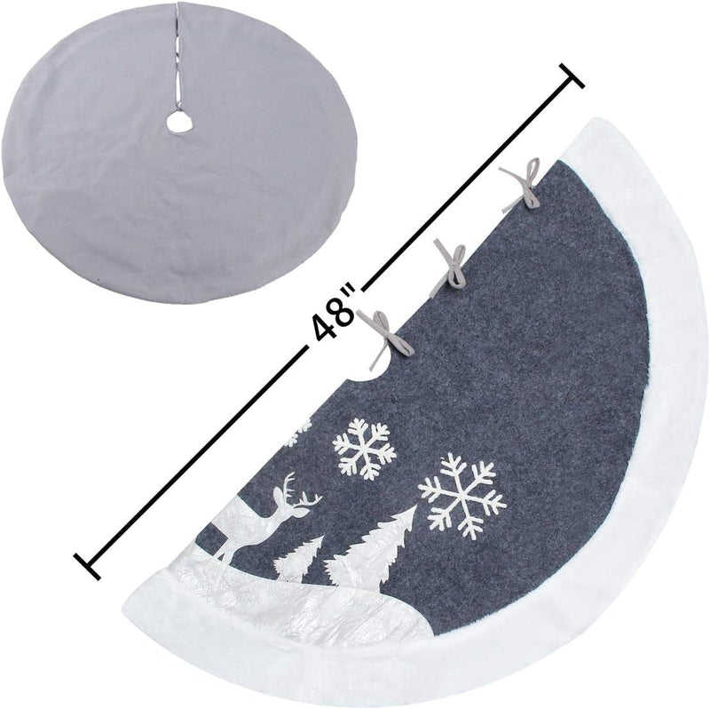 Christmas Tree Skirt, Fur Rustic White Xmas Tree Skirt,Snowy Christmas Trees Mat Decorations Indoors,Deer and Snowflake Pattern (48 Inches, White Deer)