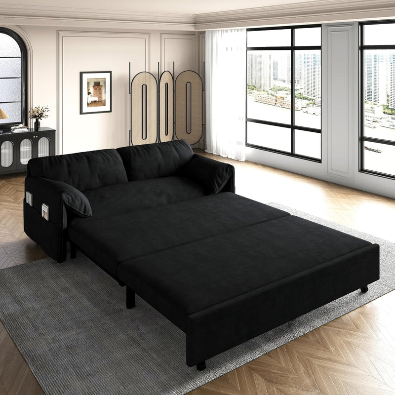 3 in 1 Convertible Queen Sleeper Sofa Bed Comfy Pull Out Futon Couch Bed 63.8" Modern Velvet Recliner Loveseat Sofa Multi-Functional Black Cloud Couch for Living Room,Apartment,Office