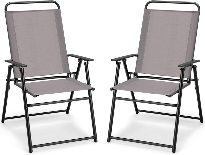 Giantex Patio Chairs Set of 4, Outdoor Folding Chairs with Armrests, Metal Frame, outside Foldable Dining Chairs for Lawn Deck Porch Beach Yard (Gray & Black)