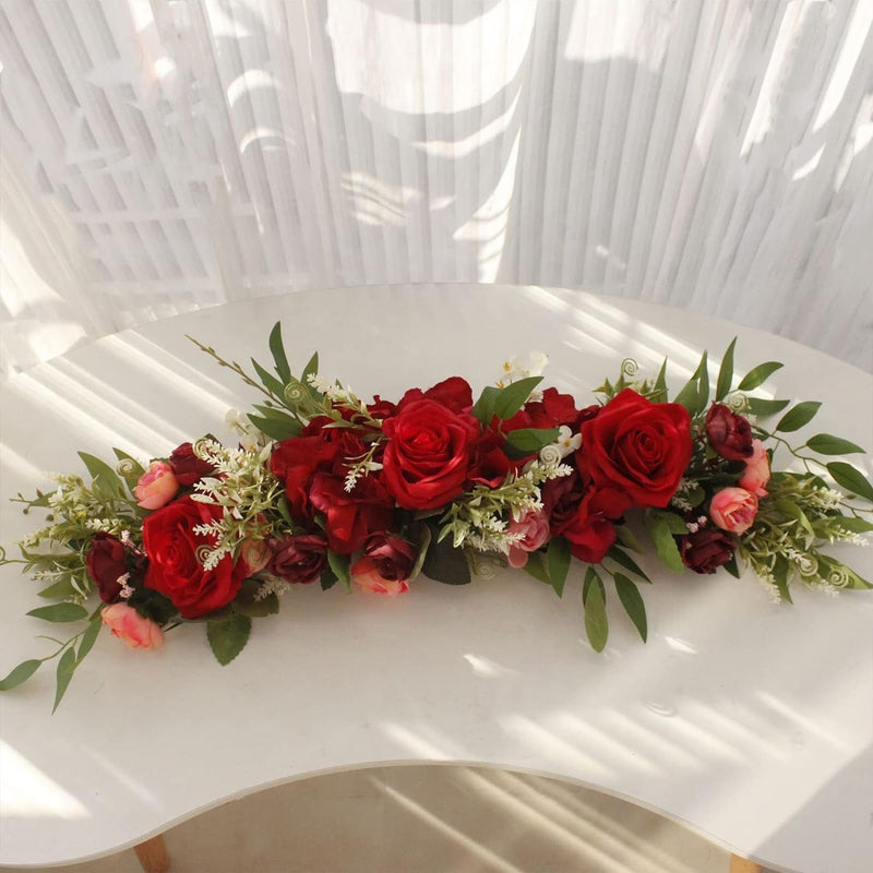 Artificial Peony Red Roses Flowers Swag, 25.6Inch Faux Flower Arch Garland Simulation Door Lintel, Fake Green Leaves and Silk Flowers Wreath for Home Garden Wedding Arch Front Door Wall Decor