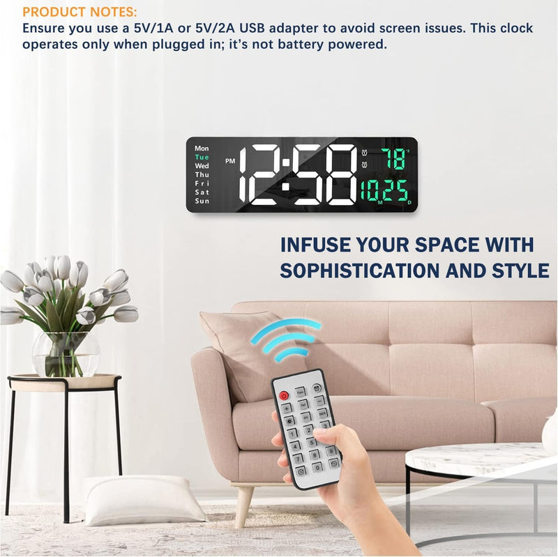 16.2" LED Digital Wall Clock with Remote, Auto Brightness, Alarm/Date/Temp/Week Display, 12/24Hr Format - Green