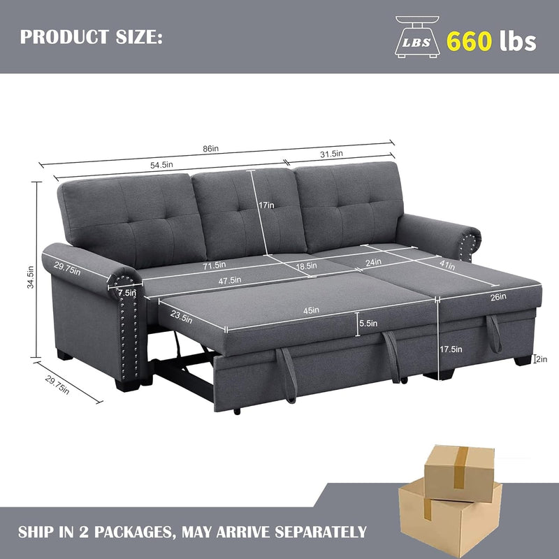 BEEY Small Sleeper Sofa, 86" Small Sectional Couch with Storage Chaise and Pull Out Bed, L Shaped Convertible Sleeper Couches for Bedroom, Living Room - Dark Grey