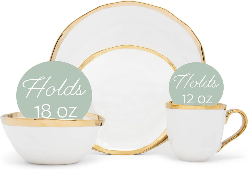 Elanze Designs 16-Piece Metallic Bubble Porcelain Ceramic Plates Bowls Mugs Dinnerware Set - Service for 4, White with Gold Accents