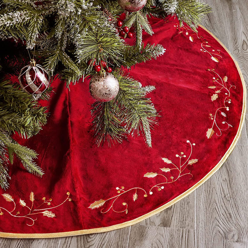 Christmas Tree Skirt, 60 Inch Red Christmas Tree, Large Rustic Velvet Fur Plush Tree Skirts, Xmas Tree Skirts with Gold Embroidered Holly Leaf for Christmas Tree Decorations