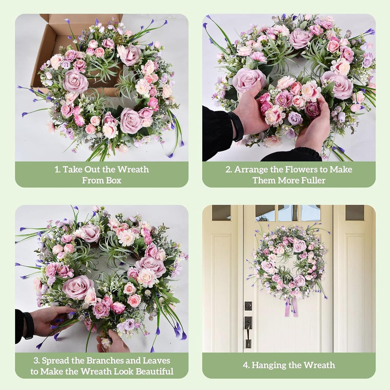 Beinhome Spring Wreath, 20In Rose Wreath Succulent Wreaths for Front Door Spring Wreath Summer Wreath Abundant Flowers Wreaths for Home Decor