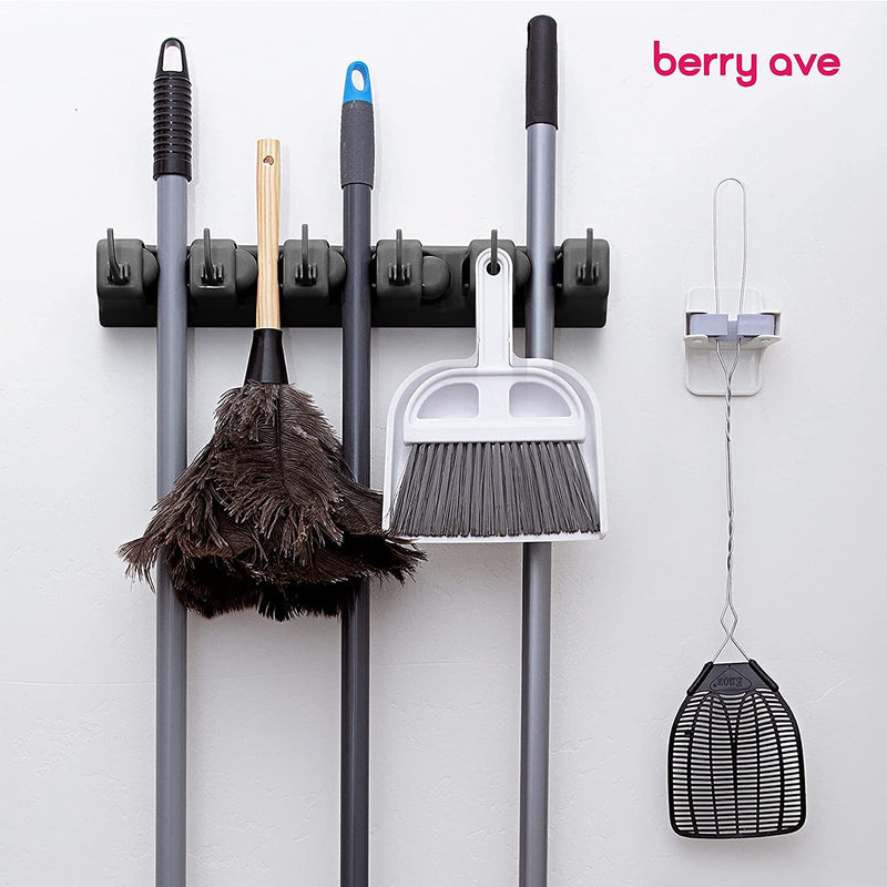 Berry Ave Broom Holder & Wall Mount Garden Tool Organizer - Home Laundry Room, Kitchen, Closet, Shed, Garage Organization and Storage Utility Rack - 5 Slots & 6 Hooks -Rake, Shovel, Mop Hanger (Black)