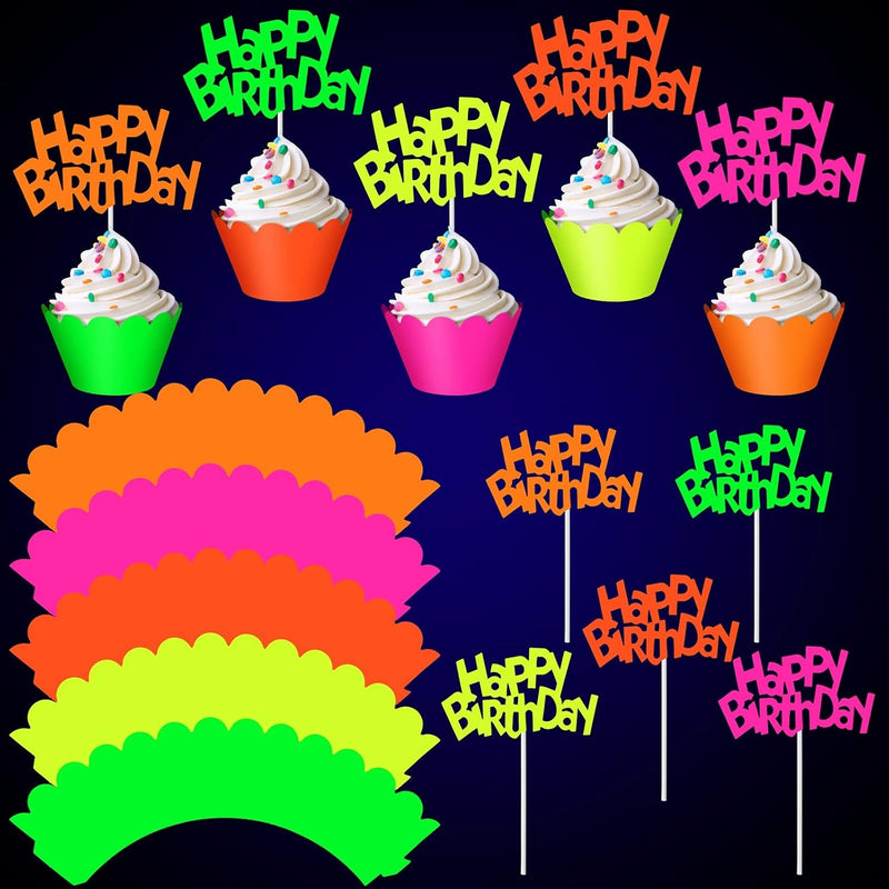 40 Pcs Glow in the Dark Neon Cupcake Toppers Glow Party Supplies Neon Glow Cupcake Wrappers for Glow Neon Birthday Party Wedding Decorations Blacklight Reactive Party