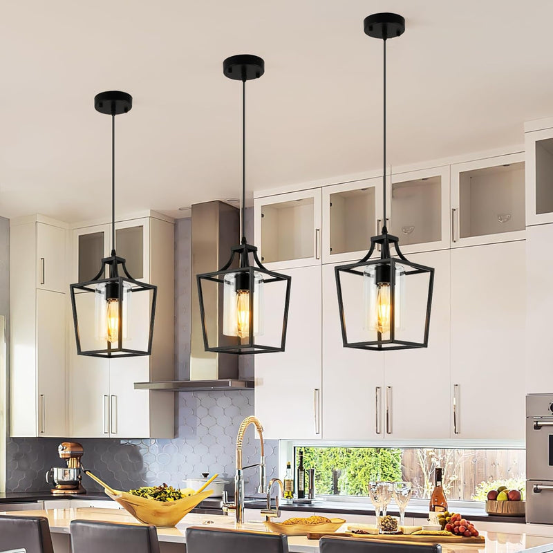 Black Lantern Pendant Light Fixtures Industrial Pendant Lights Kitchen Island with Clear Glass Shade, Farmhouse Hanging Pendant Lighting for Dining Room Foyer Hallway