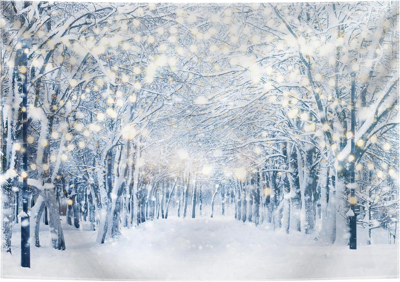 7X5Ft Winter Snowy Scene Photography Backdrop Wonderland Snowflake Tree Snow Background Bokeh Glitter White Snow Forest Landscape Party Photo Booth Studio Props