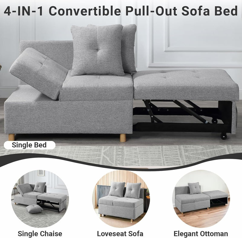 4 in 1 Convertible Sleeper Chair, Single Pull Out Couch with 6-Level Adjust Backrest Small Recliner Sofa Bed with Storage Pocket and 2 Pillows for Living Room, Silver Gray, Full Size