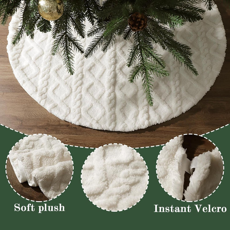 Faux Fur Christmas Tree Skirt: 36 Inch White Plush Faux Fur Christmas Tree Cover with Crossed Diamond Textured Pattern, Rustic Christmas Tree Decorations for Merry Christmas Home Décor Xmas Indoor