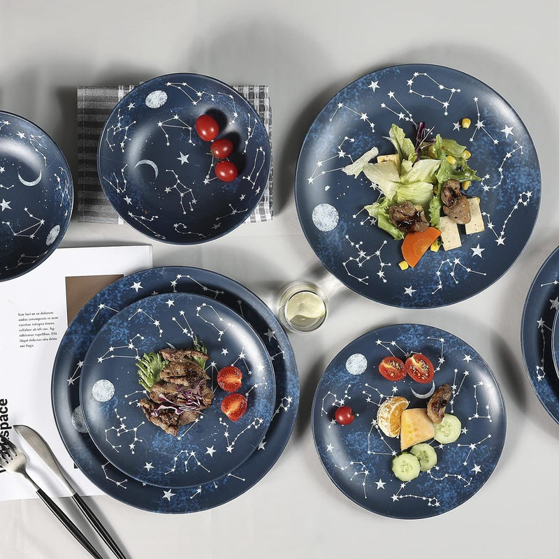 12 Piece Melamine Dinnerware Sets for 4 - Starry Pattern Camping Dishes Set for Indoor and Outdoor Use, Dishwasher Safe Plates and Bowls Sets, Dark Blue