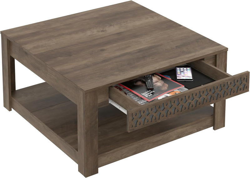 Galano Japtur Coffee Table, Modern Top Rectangular Coffee Table with Storage Drawer, 2 Tier Center Table for Living Room, Office, Balcony, 31.5" D X 31.5" W X 16.34" H, Knotty Oak