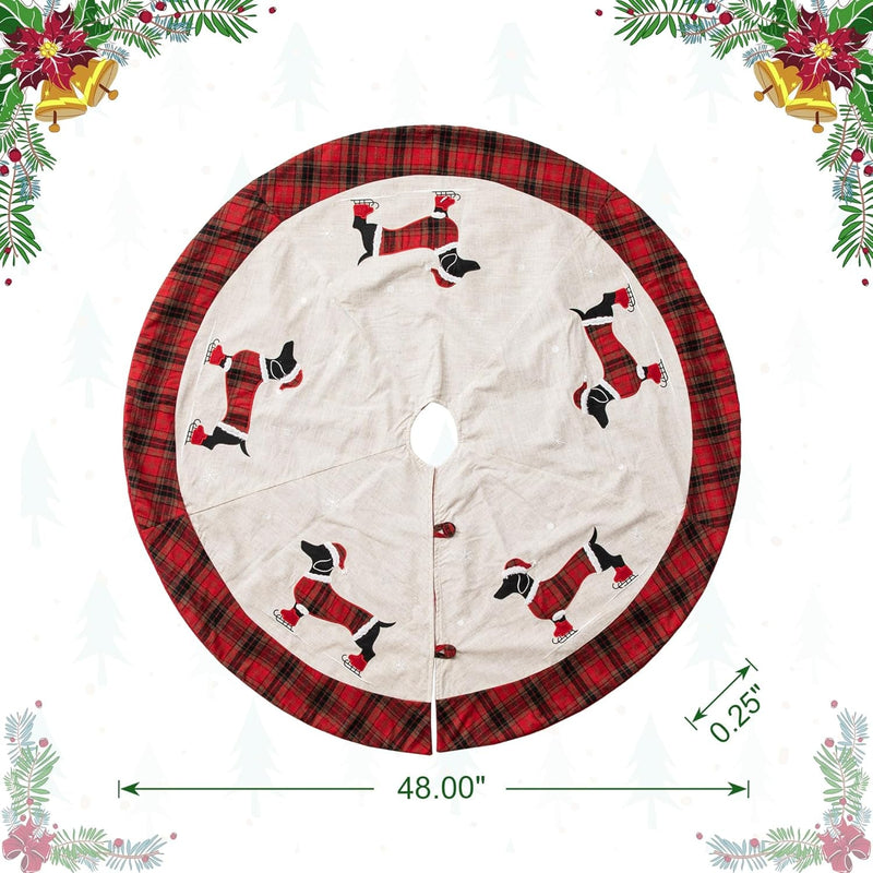 Glitzhome Christmas Tree Skirt 48" Fabric Dachshund Pattern Plaid Edge Large round Tree Skirt for Holiday Xmas Party Decorations