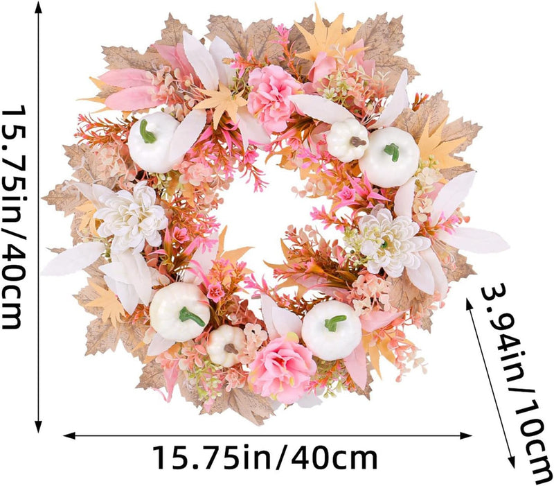 Fall Wreath 16 Inches Autumn Wreath with White Pumpkins and Pink Flowers Leaves Farmhouse Fall Floral Wreath for Front Door Thanksgiving Harvest Home Decor