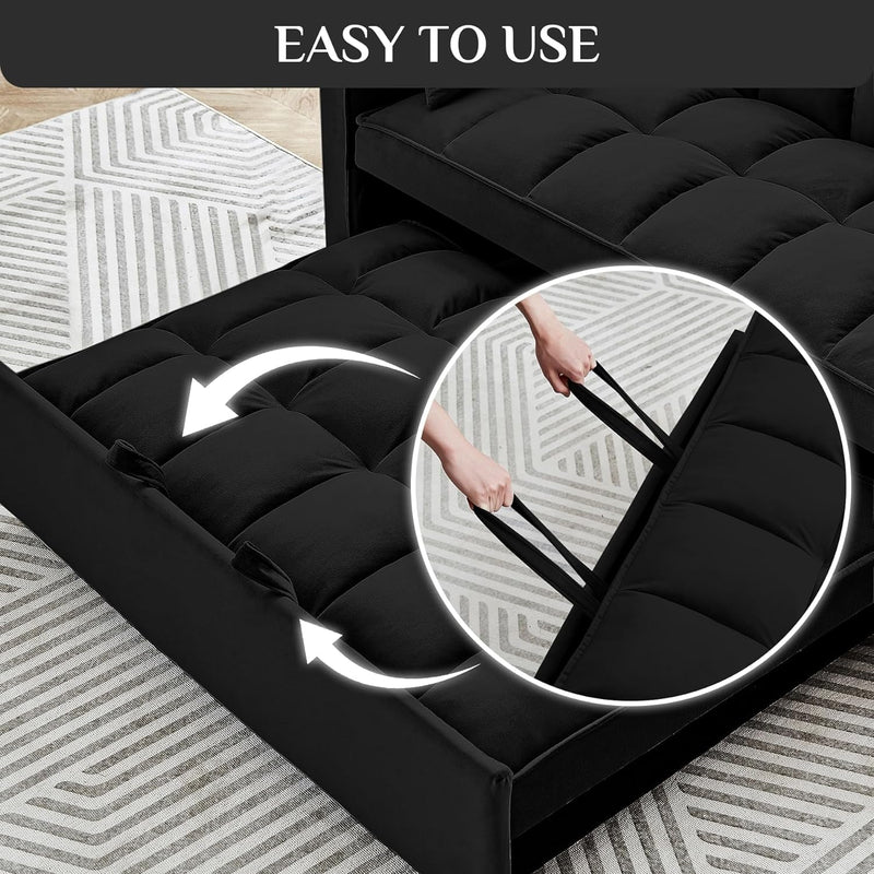 3 in 1 Convertible Sleeper Sofa Couch with Pullout Bed, Loveseat Sofa with Storage and Pillows, Modern 2 Seater Futon Couch Bed for RV, Living Room, Bedroom and Small Space, Jet Black Velvet