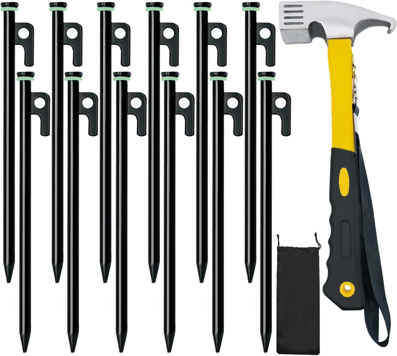 8/12/16Pack Tent Stake with Hammer, 8/10/12/16In Heavy Duty Tent Stakes + 10In Tent Stakes Hammer+Storage Pouch, Forged Steel Tent Stakes Used on Rocks (12 Pack 10In Tent Stakes+Hammer)