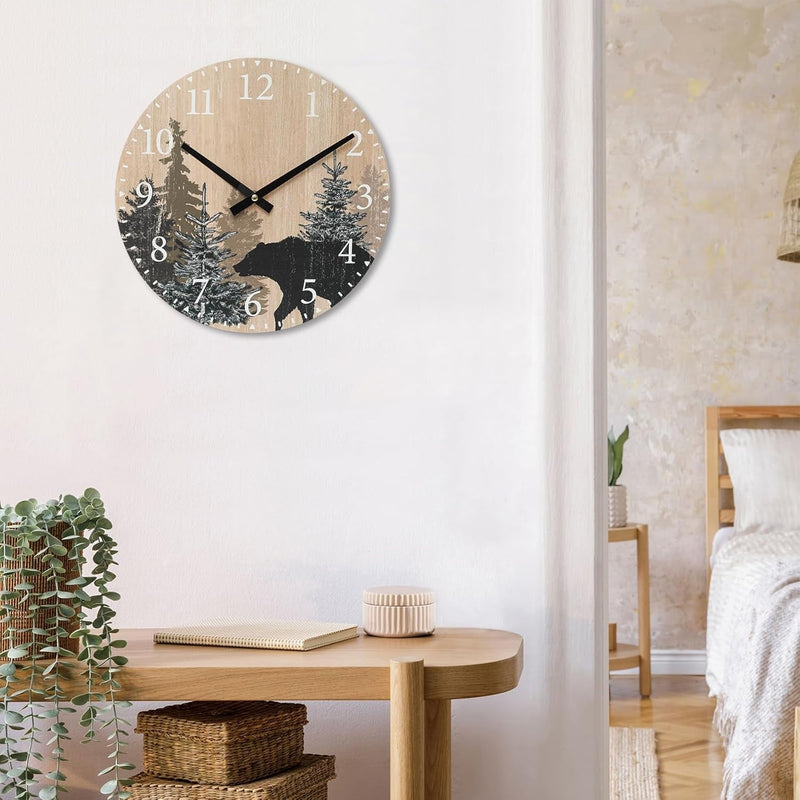 Cabin Bear Wall Clock 12 Inch Silent Non Ticking Clock Wooden Forest Wildlife Mountain Lodge Wall Clock Battery Operated Rustic Farmhouse Wall Clock