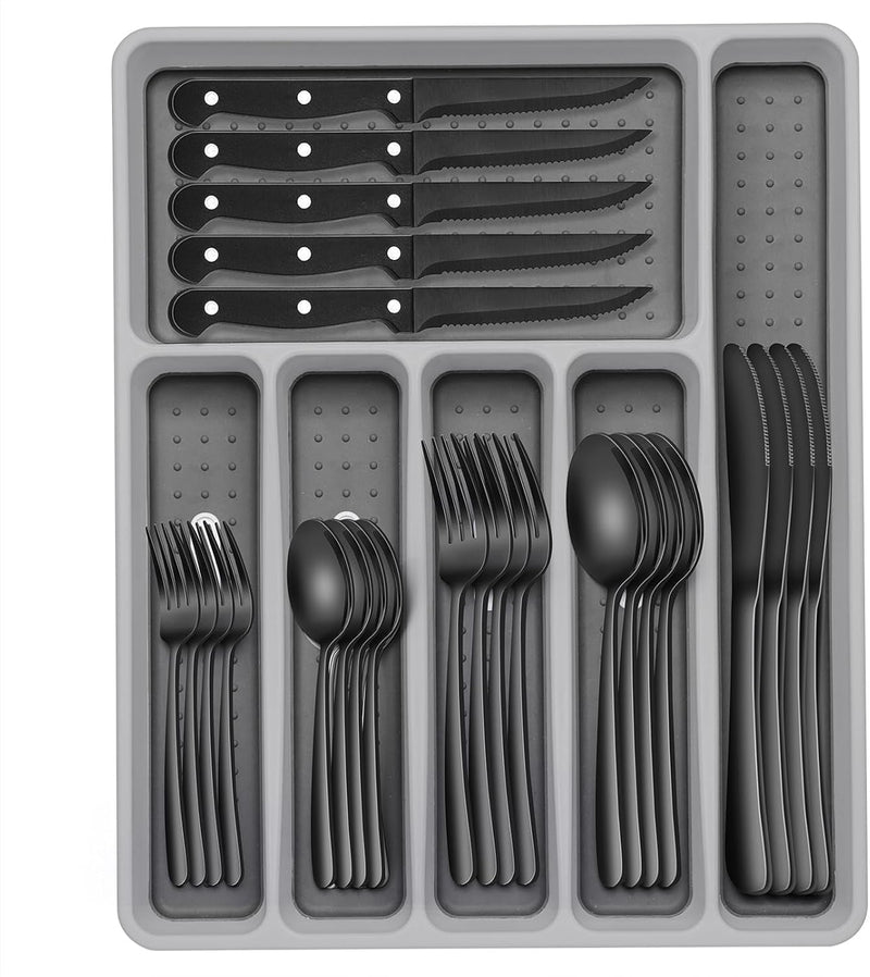 49-Piece Silverware Set with Organizer, Heavy Duty Stainless Steel Flatware for 8, Cutlery Utensil Sets with Steak Knives, Rust-Proof, Mirror Polished, Dishwasher Safe